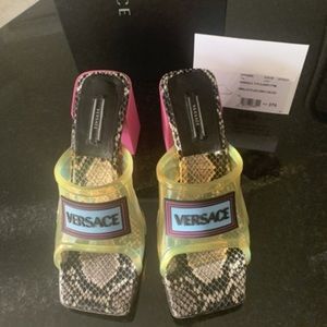 Versace Yellow and Pink Snake Print Sandals